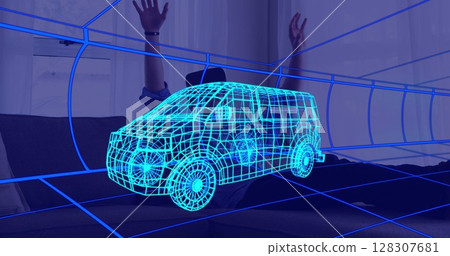 Image of 3d technical drawing of van, over man at home wearing vr headset 128307681