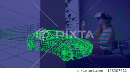 Image of 3d technical drawing of car, over woman at home wearing vr headset 128307682