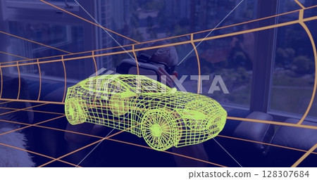 Image of 3d technical drawing of car, over man at home wearing vr headset Image of 3d technical drawing of car, over man at home wearing vr headset 128307684
