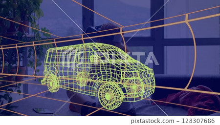 Image of 3d technical drawing of van, over woman at home wearing vr headset Image of 3d technical drawing of van, over woman at home wearing vr headset 128307686