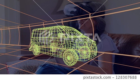 Image of 3d technical drawing of van, over woman at home wearing vr headset 128307688