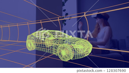 Image of 3d technical drawing of car, over woman at home wearing vr headset Image of 3d technical drawing of car, over woman at home wearing vr headset 128307690