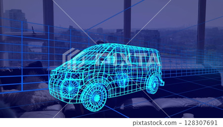 Image of 3d technical drawing of van, over man at home wearing vr headset Image of 3d technical drawing of van, over man at home wearing vr headset 128307691