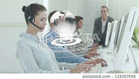 Image of network of connections over smiling caucasian office workers wearing headsets 128307698
