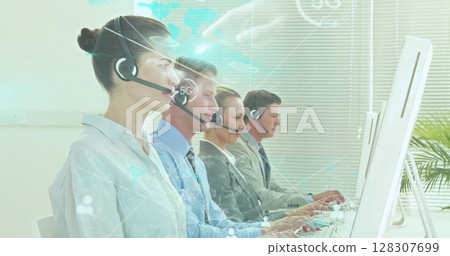 Image of network of connections over smiling caucasian office workers wearing headsets Image of network of connections over smiling caucasian office workers wearing headsets 128307699