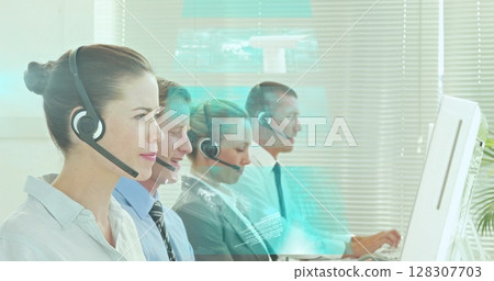 Image of network of connections over caucasian office workers wearing headsets 128307703