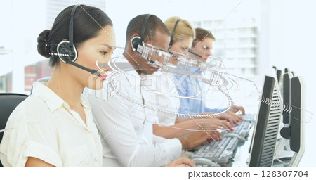 Image of scope scanning over business people using phone headsets 128307704