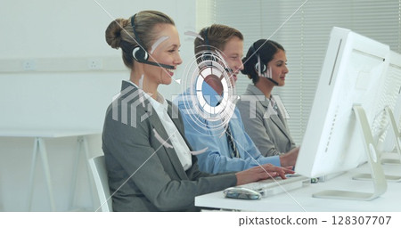 Image of network of connections over happy diverse office workers wearing headsets 128307707