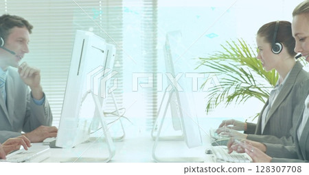 Image of network of connections over diverse office workers wearing headsets 128307708