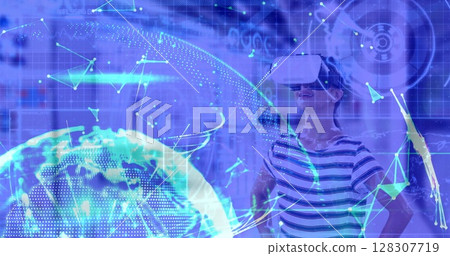 Image of networks of connections and globe over woman wearing vr headset 128307719