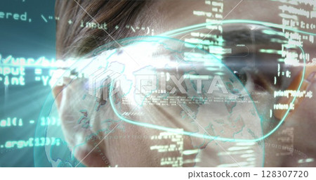 Image of map and data processing over eye of woman in vr glasses using interface 128307720