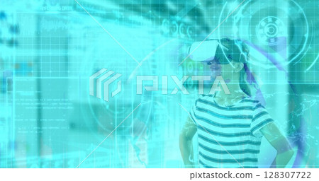 Image of data processing over woman wearing vr headset Image of data processing over woman wearing vr headset 128307722