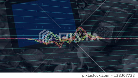 Image of data processing over monitor and payment terminal Image of data processing over monitor and payment terminal 128307728