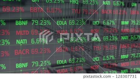 Image of financial data processing over shop interiors Image of financial data processing over shop interiors 128307731