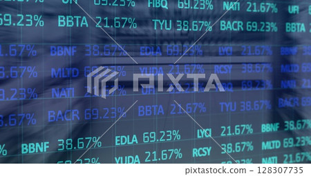 Image of financial data processing over shop interior 128307735