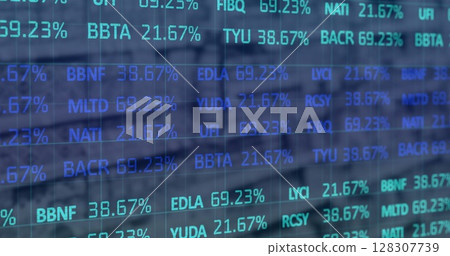 Image of financial data processing over shop interior 128307739