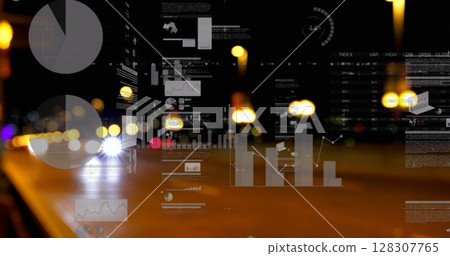 Image of statistics processing over out of focus lights and cityscape Image of statistics processing over out of focus lights and cityscape 128307765