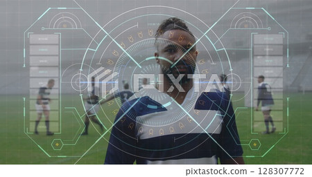 Image of digital interface with safe lock rotating over rugby players Image of digital interface with safe lock rotating over rugby players 128307772