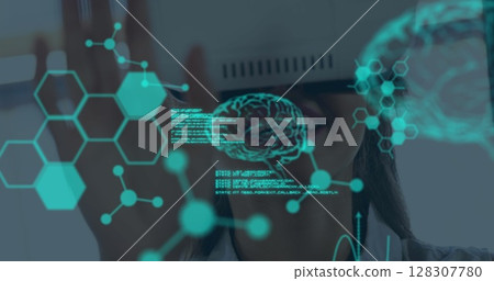 Image of human brains spinning and data processing over businesswoman wearing vr headset 128307780