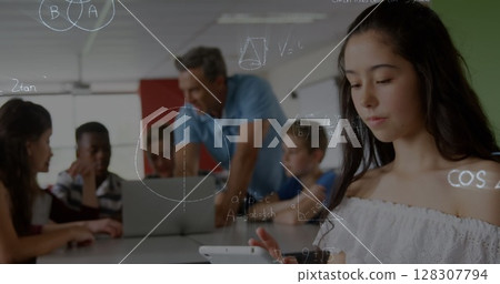Image of mathematical equations over schoolchildren learning 128307794