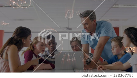 Image of mathematical equations over schoolchildren learning 128307795