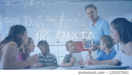 Image of mathematical equations over schoolchildren learning Image of mathematical equations over schoolchildren learning 128307801