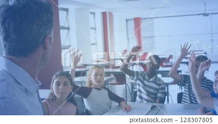 Image of mathematical equations over schoolchildren learning 128307805