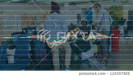 Image of financial data processing over business people working in office 128307808