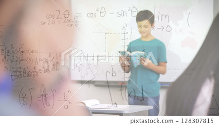 Image of mathematical equations over schoolchildren learning Image of mathematical equations over schoolchildren learning 128307815