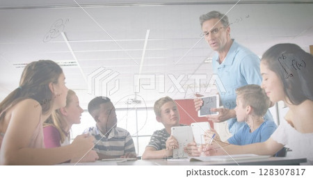 Image of mathematical equations over schoolchildren learning Image of mathematical equations over schoolchildren learning 128307817