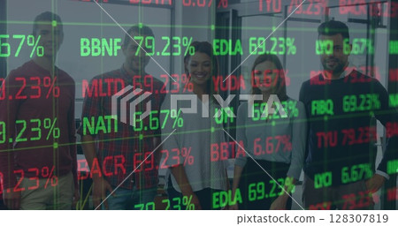 Image of financial data processing over businesspeople in office 128307819