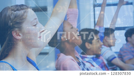 Image of mathematical equations over diverse school children 128307830