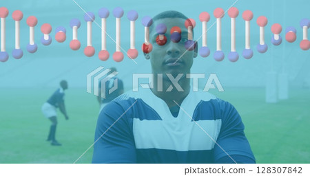 Image of dna strand over rugby players 128307842