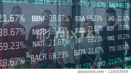 Image of financial data processing over business people working in office 128307859