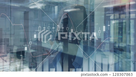 Image of statistics and financial data processing over smiling businesswoman in office 128307863