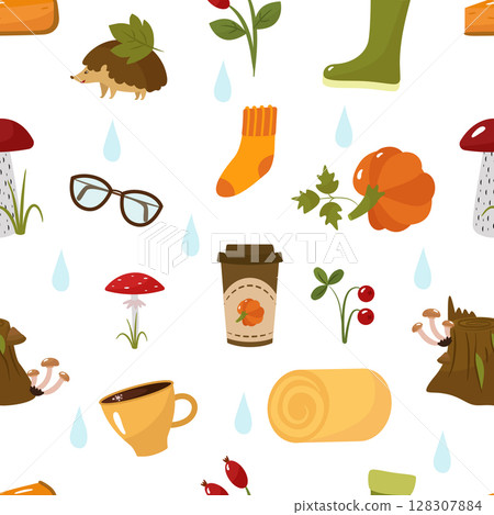 Autumn seamless pattern. Cartoon pictures of a hedgehog, glasses, socks, pumpkin, latte, mushrooms, boots, wood, rose hips, hay. Vector illustration. For design or decoration, printing on paper or Autumn seamless pattern. Cartoon pictures of a hedgehog, glasses, socks, pumpkin, latte, mushrooms, boots, wood, rose hips, hay. Vector illustration. For design or decoration, printing on paper or 128307884