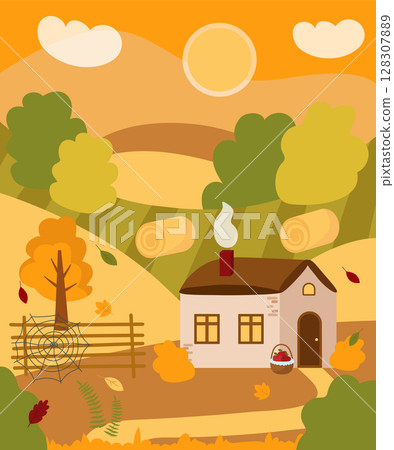 Autumn village house vector landscape. Cozy countryside, fields, meadows, hay, sun, clouds, a basket of apples, leaves are falling. Flat illustration. 128307889