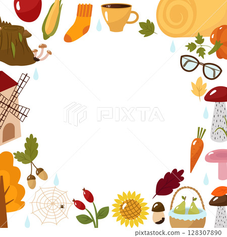 Autumn template for the text in the center. Cartoon pictures with socks, corn, pumpkin, mill, mushrooms, basket, shoes, cobwebs. The vector illustration. For design or decoration, postcards, 128307890