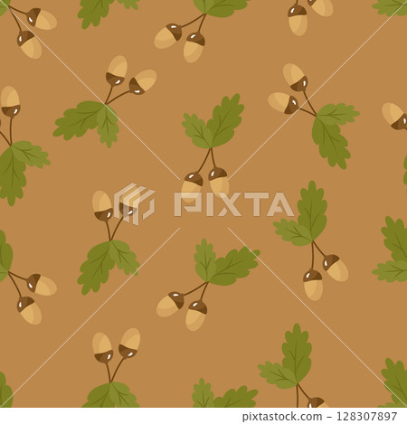 Acorns and oak leaves are a seamless autumn pattern on a beige background. Vector illustration in a flat style for a website, printing on paper, fabric, packaging. Acorns and oak leaves are a seamless autumn pattern on a beige background. Vector illustration in a flat style for a website, printing on paper, fabric, packaging. 128307897