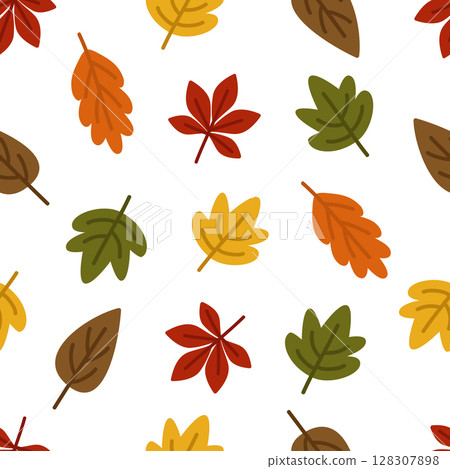 Autumn leaves of oak, maple trees seamless pattern on a white background. Vector illustration in a flat style for a website, printing on paper, fabric, packaging. 128307898