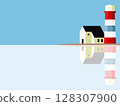 Minimalist illustration of a lighthouse and a small house with their reflections on a calm body of water under a clear blue sky. 128307900
