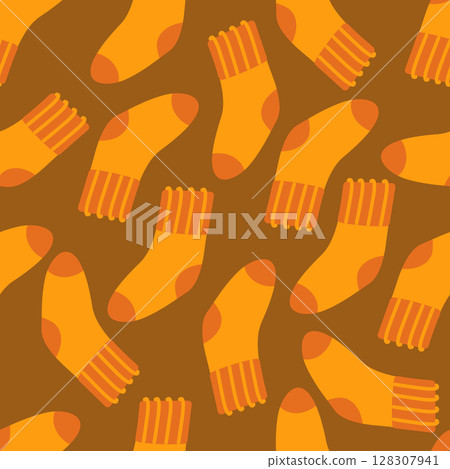 Wool socks orange autumn seamless pattern on a brown background. Vector illustration in a flat style for printing on paper, fabric, packaging, textiles. 128307941