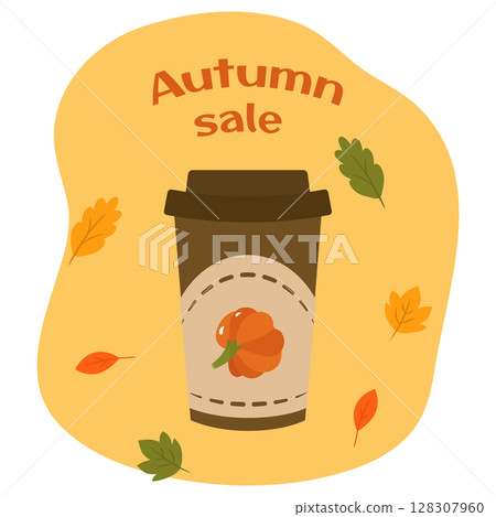 Autumn sale. Cartoon picture of pumpkin latte coffee. Vector illustration isolated. For design, decoration, printing Autumn sale. Cartoon picture of pumpkin latte coffee. Vector illustration isolated. For design, decoration, printing 128307960