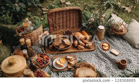 Cozy outdoor Christmas picnic setup with warm lights and delicious treats. Concept of eco friendly, sustainable, zero waste. 128308005