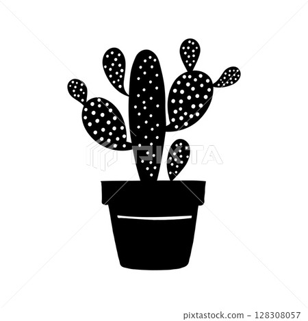Black silhouette of a potted cactus plant with polka-dot patterns, minimalistic style, isolated on a white background, nature concept Black silhouette of a potted cactus plant with polka-dot patterns, minimalistic style, isolated on a white background, nature concept 128308057