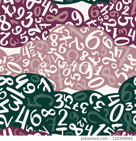 Seamless Pattern with Oversized Number Clouds in Green, Plum and Pink for Bedding Textiles Seamless Pattern with Oversized Number Clouds in Green, Plum and Pink for Bedding Textiles 128308081