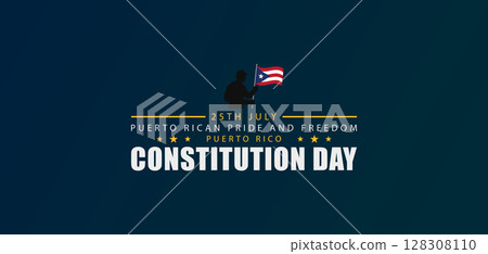 Dark Puerto Rico Constitution Day Poster with Flag and Soldier 128308110