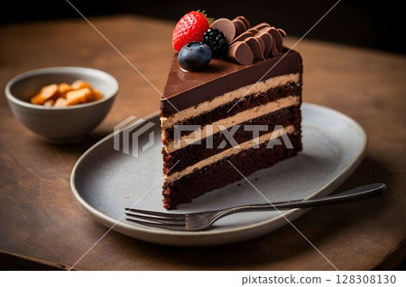 Layered Chocolate Cake with Rich Texture from Side Layered Chocolate Cake with Rich Texture from Side 128308130