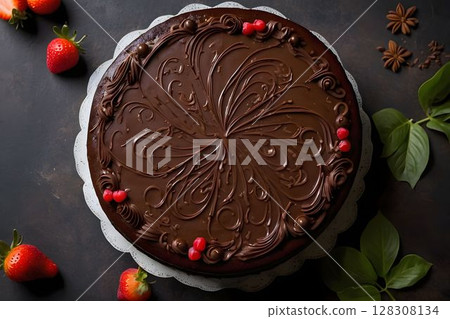 Top-Down View of Chocolate Cake with Swirled Frosting 128308134
