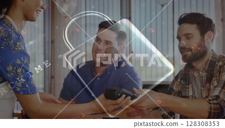Image of network security padlock over people using payment terminal Image of network security padlock over people using payment terminal 128308353